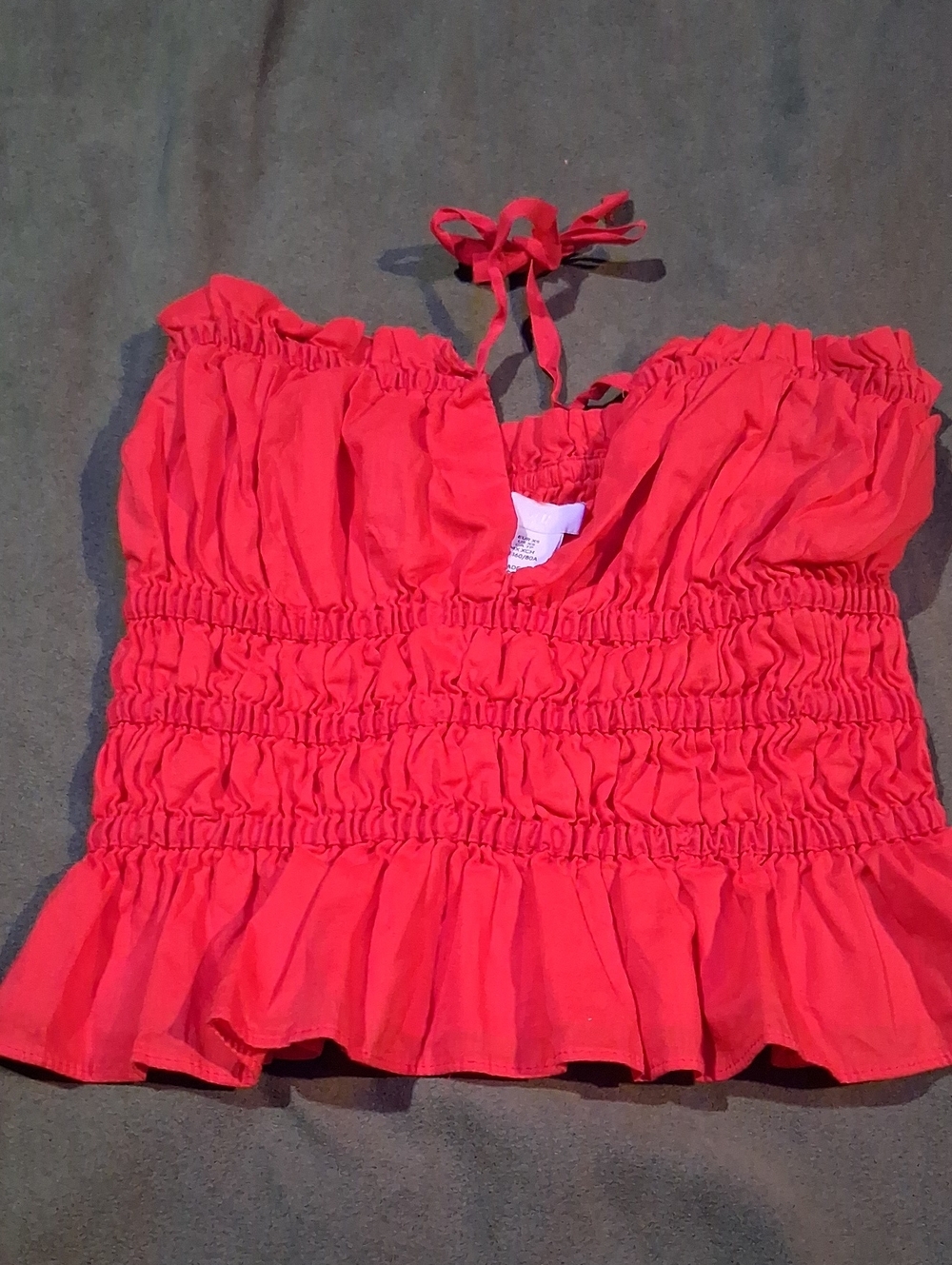 H&M Coral-Red Smocked Halter Crop Top with Ruffle Trim